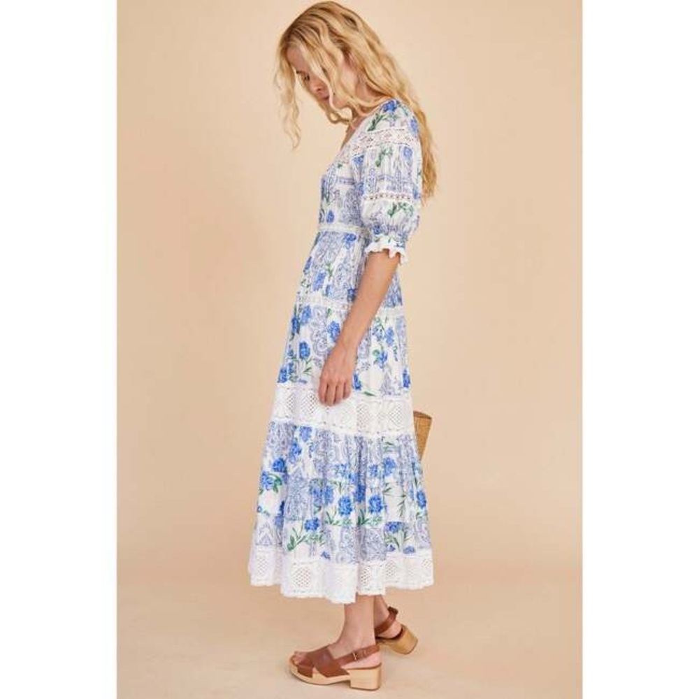 HUNTER BELL White and Blue Floral Tiered Midi Dress